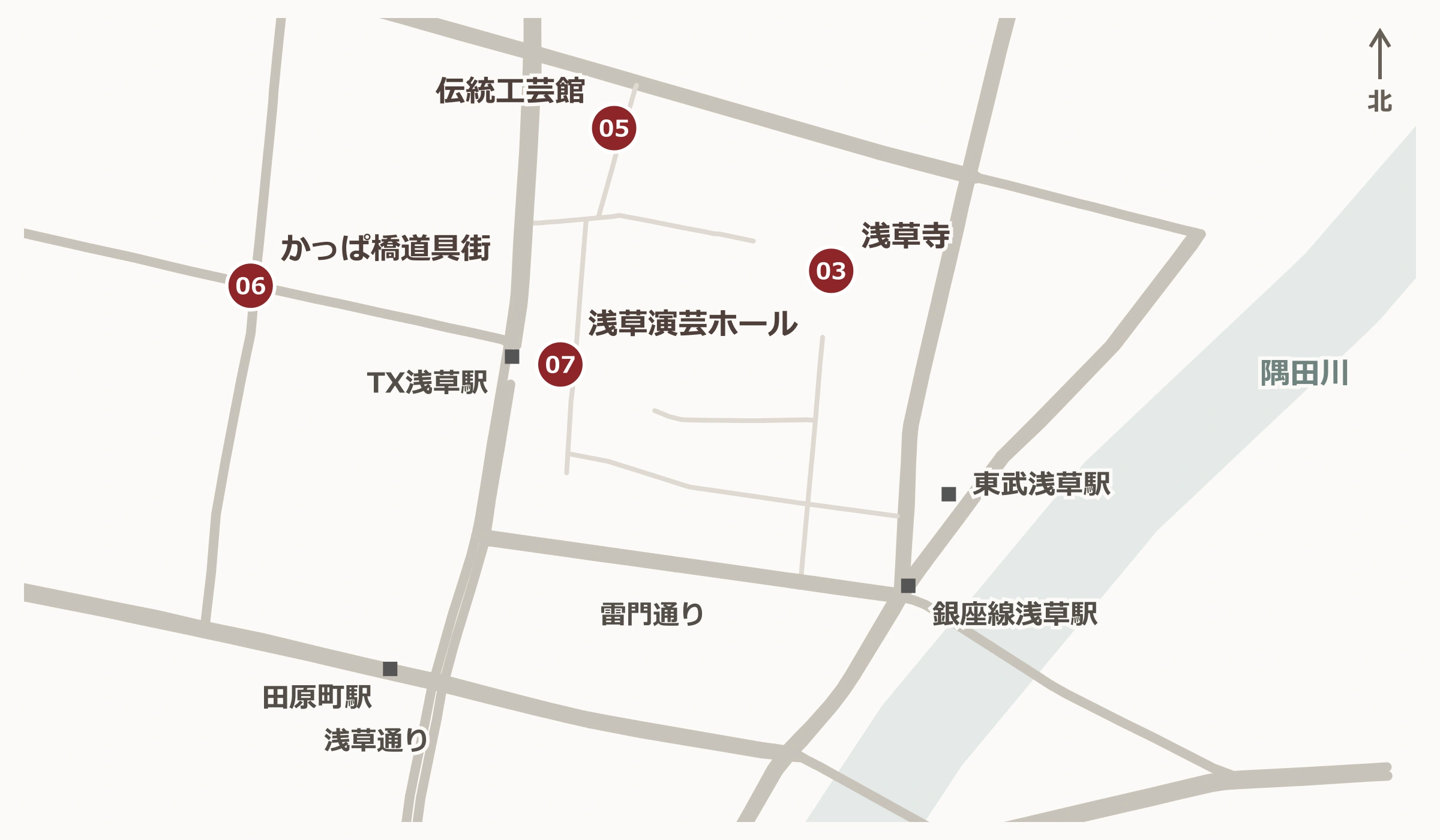 浅草寺から工芸館・かっぱ橋道具街・浅草演芸ホールへの寄り道マップ