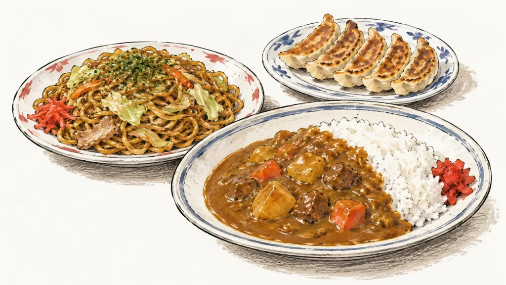 焼きそば、焼き餃子、カレーライスを落ち着いた色で描いた食事ガイドのイラスト