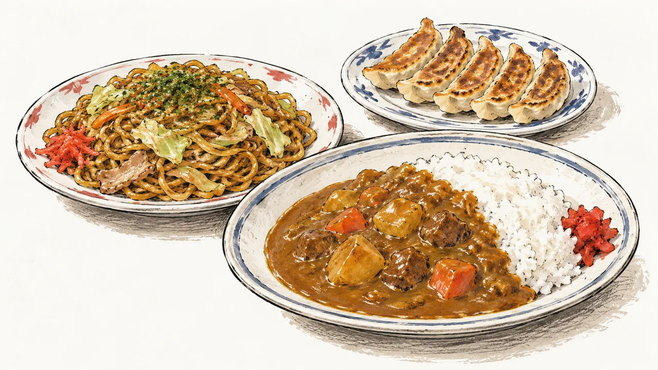 焼きそば、焼き餃子、カレーライスを落ち着いた色で描いた食事ガイドのイラスト