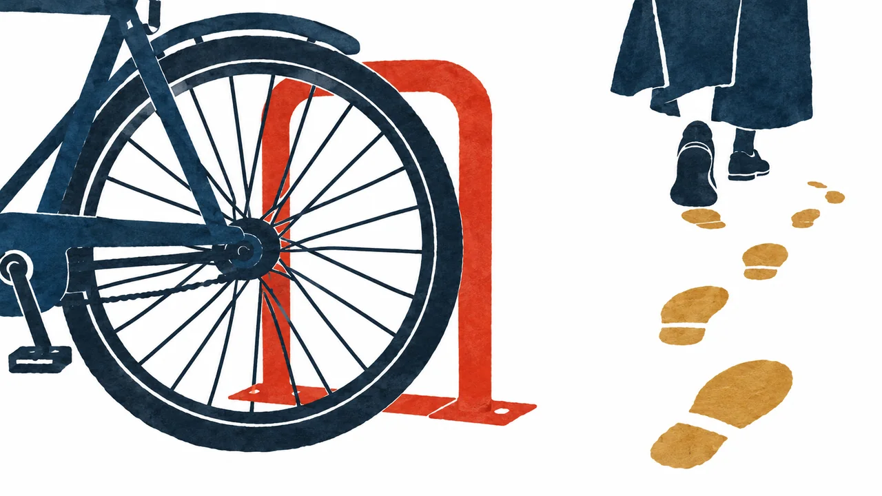 藍色の自転車の大きな車輪、朱色の駐輪枠と黄土色の足跡を描いた切り絵イラスト