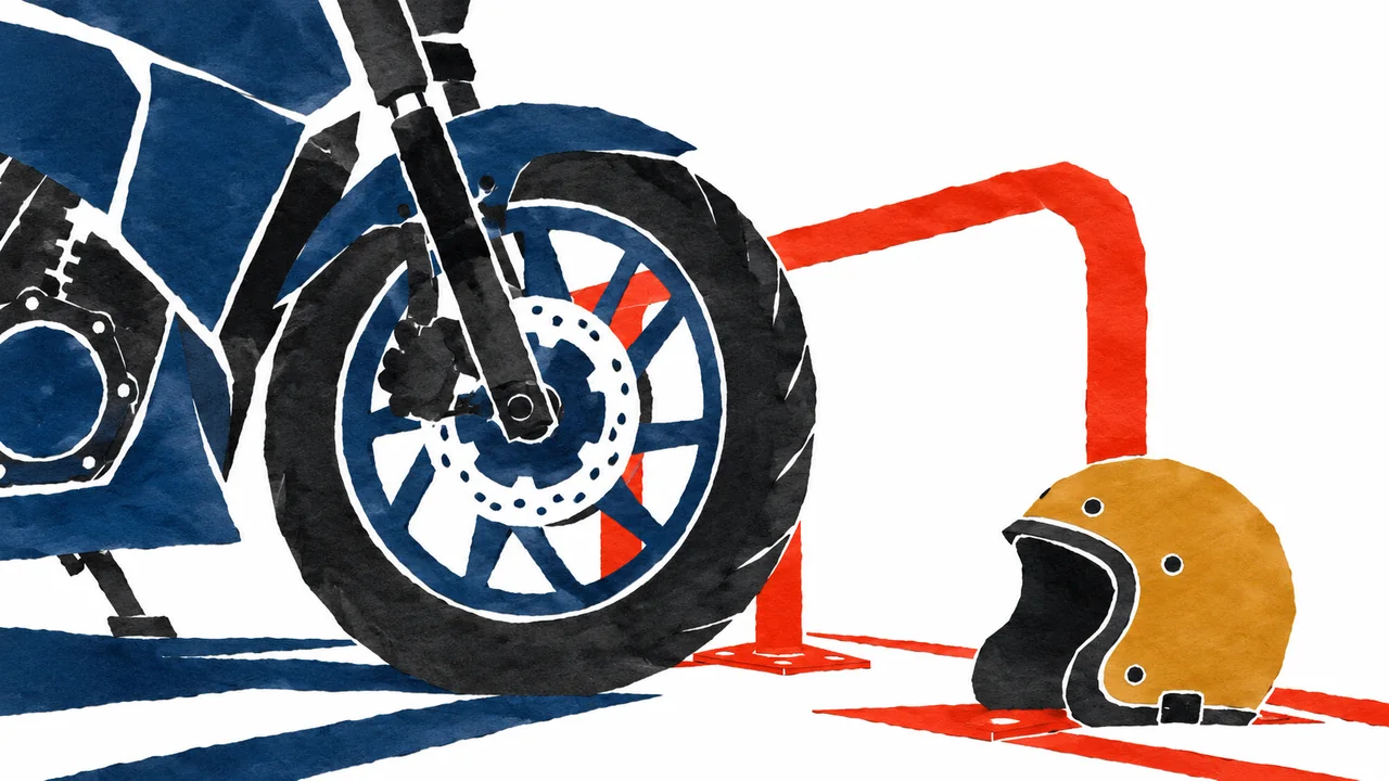 藍色のバイクの車輪、朱色の駐輪枠と黄土色のヘルメットを描いた切り絵イラスト