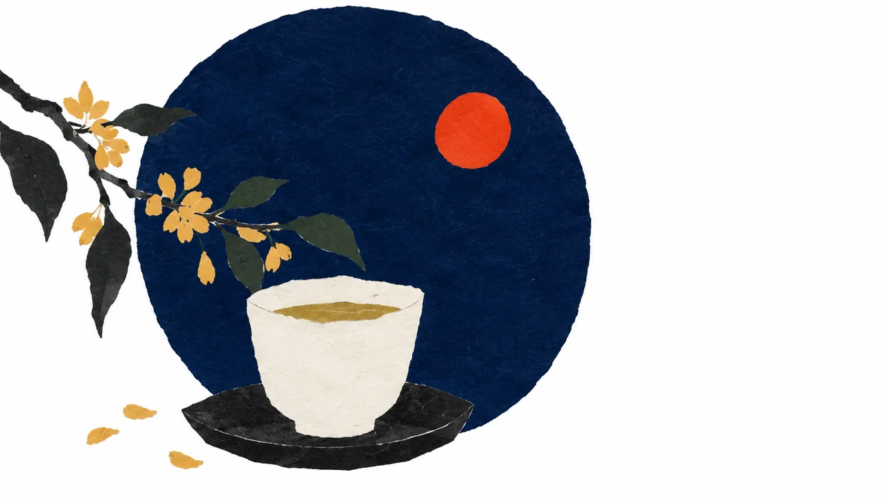 深い藍色の背景の円、白いカップと朱色の小さな月を描いた切り絵イラスト