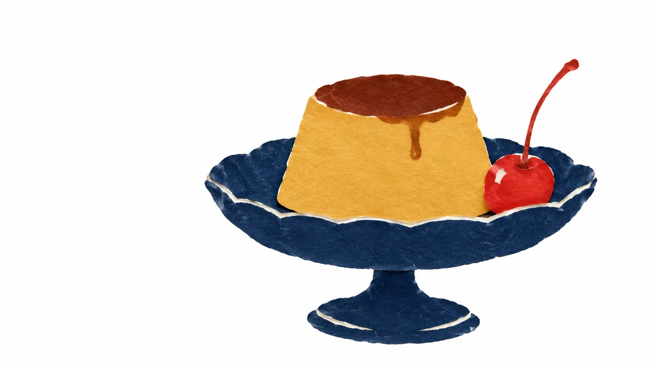 黄土色の丸いプリンの形、藍色の脚付き皿と朱色のさくらんぼを描いた切り絵イラスト