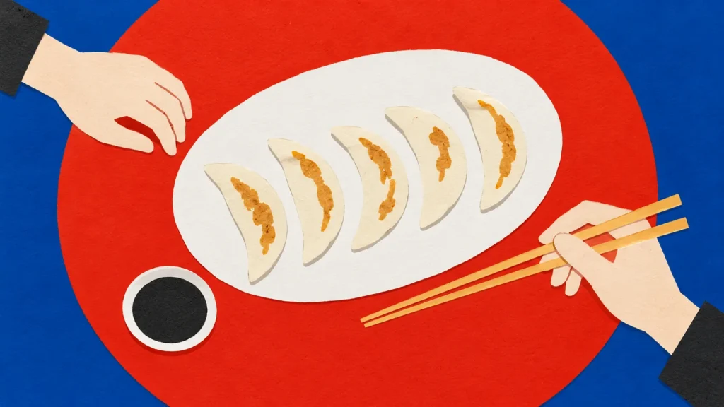 朱色の丸い食卓で白い皿の餃子を囲む手を描いた、青と赤の切り絵