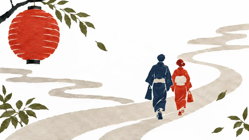 朱色の提灯と曲がり道、並んで歩く藍色と朱色の着物姿のふたりを描いた切り絵