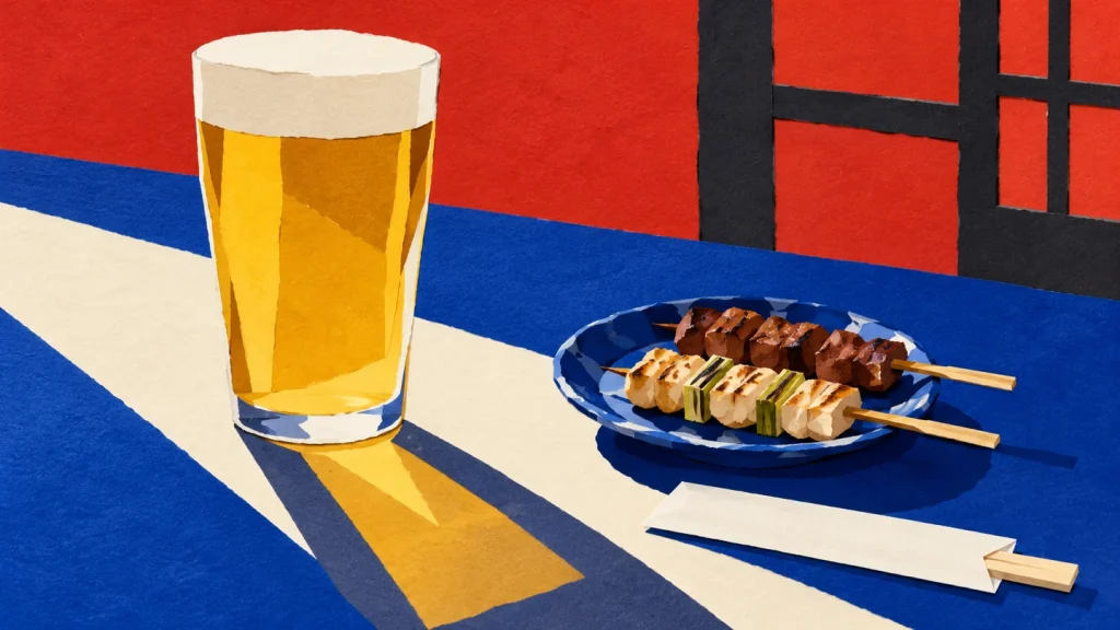 昼の光が差す卓上にビールと焼き鳥を配した切り絵