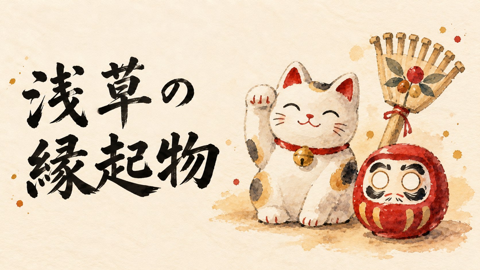 浅草の縁起物。招き猫、だるま、熊手の水彩イラスト