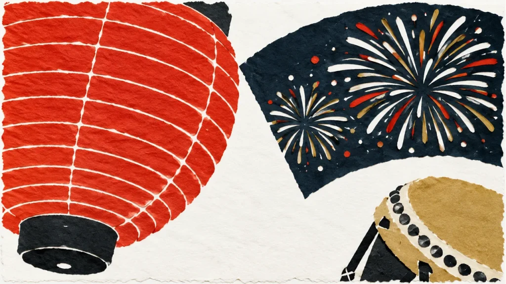 朱色の提灯、花火と太鼓を白地に配した浅草の祭りの切り絵