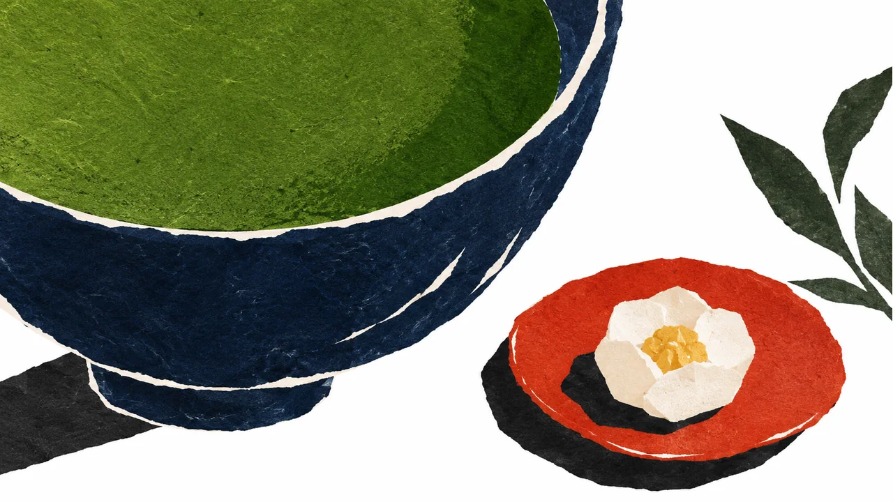 深緑の大きな抹茶の円、藍色の茶碗と朱色の小さな菓子皿を描いた切り絵イラスト
