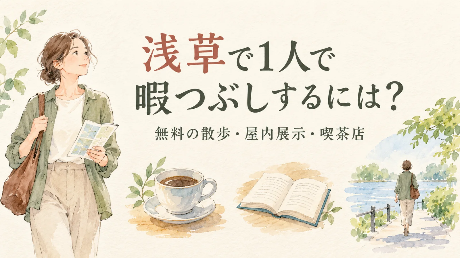一人の旅行者と地図、コーヒー、本、川辺の散歩を描いた浅草の暇つぶし特集イラスト