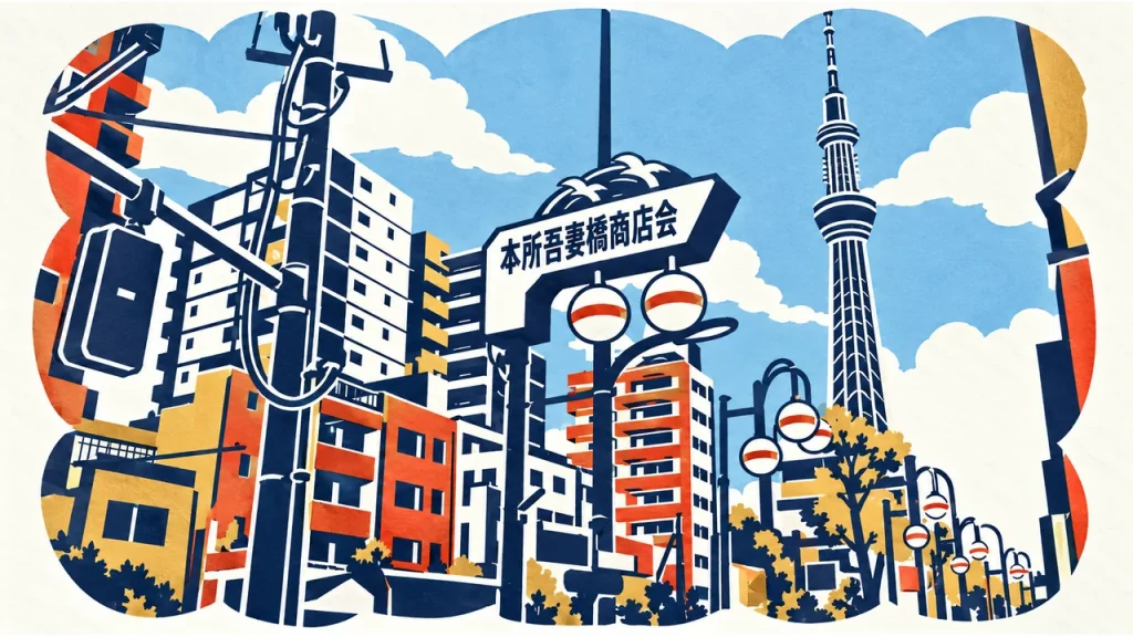 本所吾妻橋商店会の街灯と街並み、右奥の東京スカイツリーを描いた切り絵
