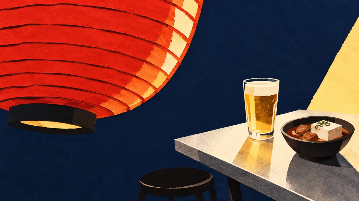 赤い提灯の下の卓上に、煮込みと飲み物を配した切り絵