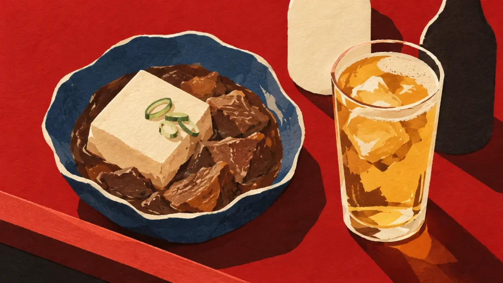 煮込みの鉢と豆腐、グラス、白と黒の瓶を描いた切り絵