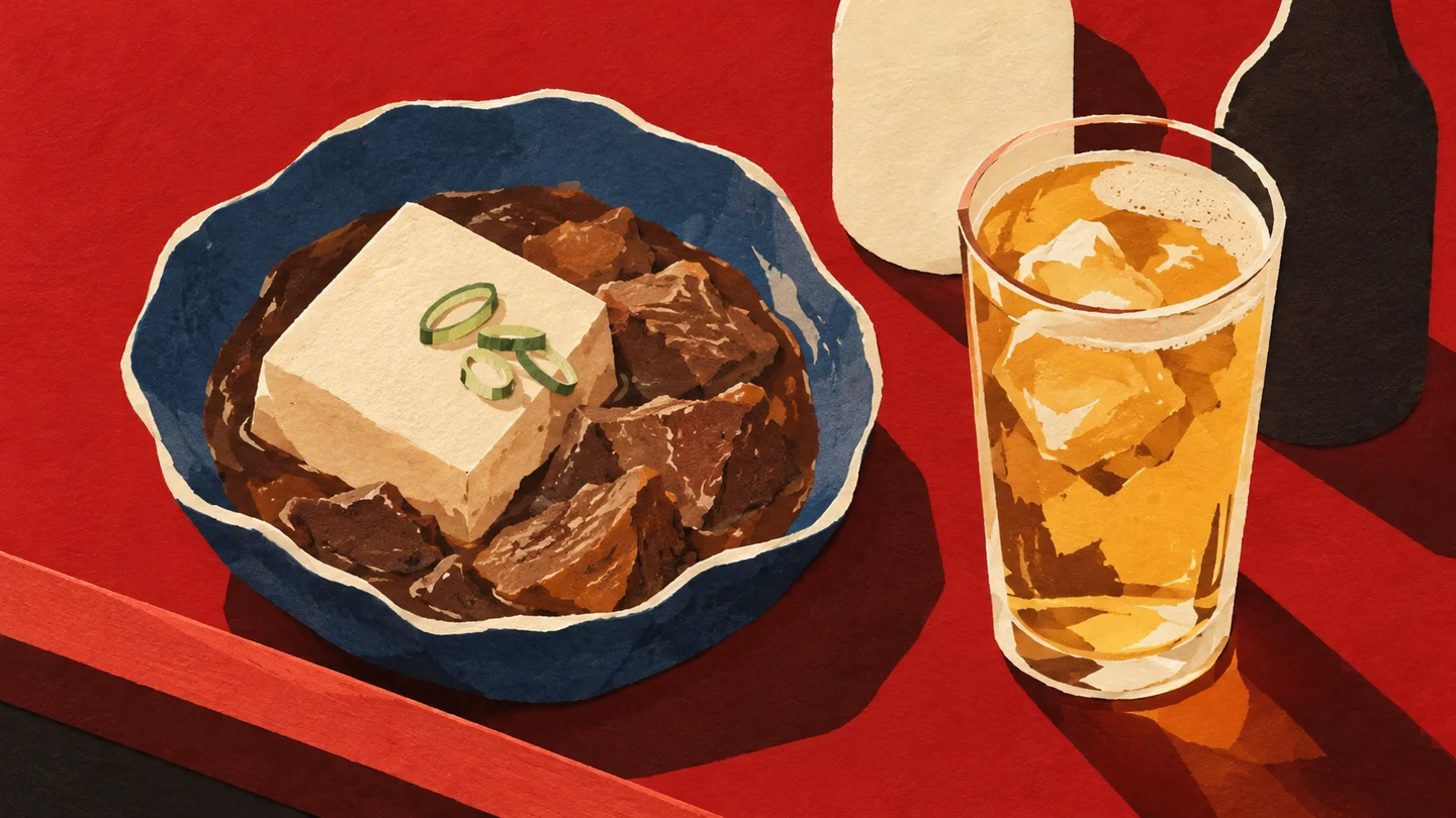 煮込みの鉢と豆腐、グラス、白と黒の瓶を描いた切り絵