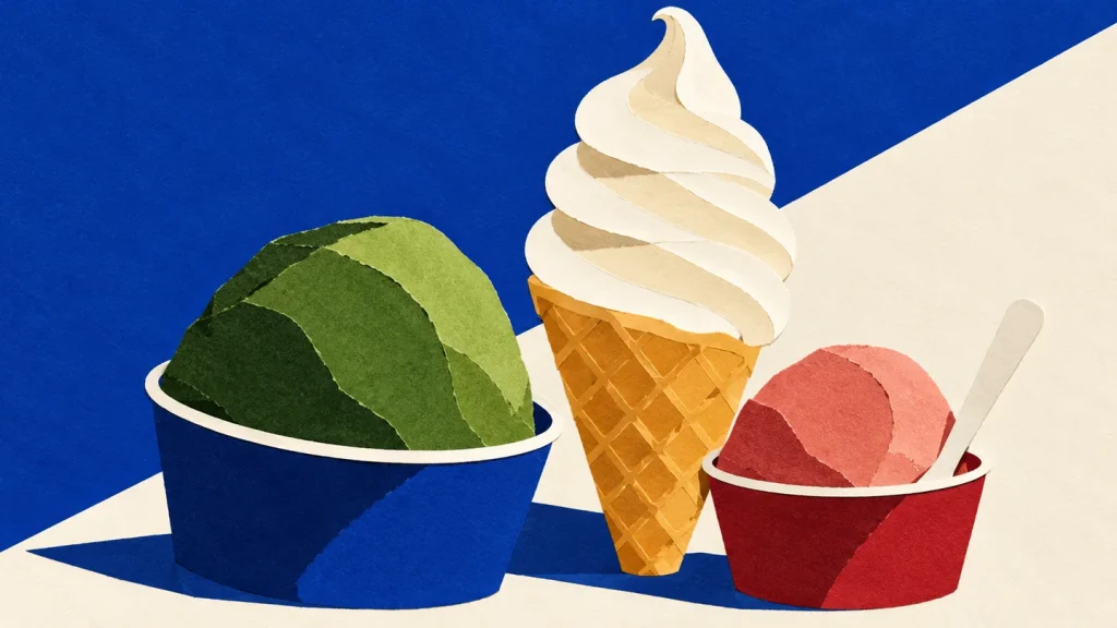 抹茶といちごのアイス、白いソフトクリームを青い背景に並べた切り絵