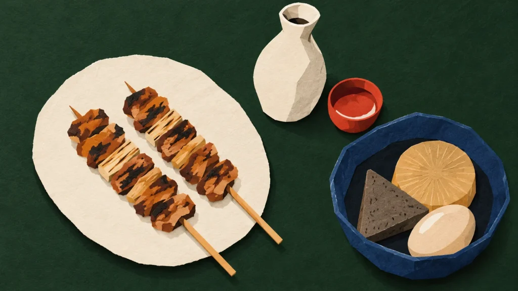 焼き鳥とおでん、徳利と盃を緑の背景に配した切り絵