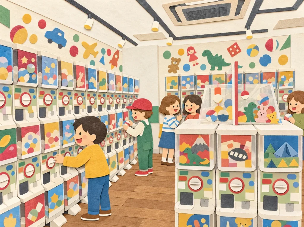 カプセルトイの機械が並ぶ店内で、子どもたちがガチャを選んで楽しむ様子を描いた切り絵