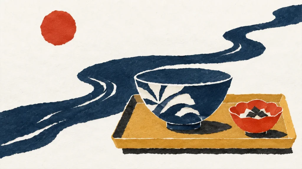 昼食の盆と藍色の器、川を思わせる青い帯を配した蔵前ランチの切り絵