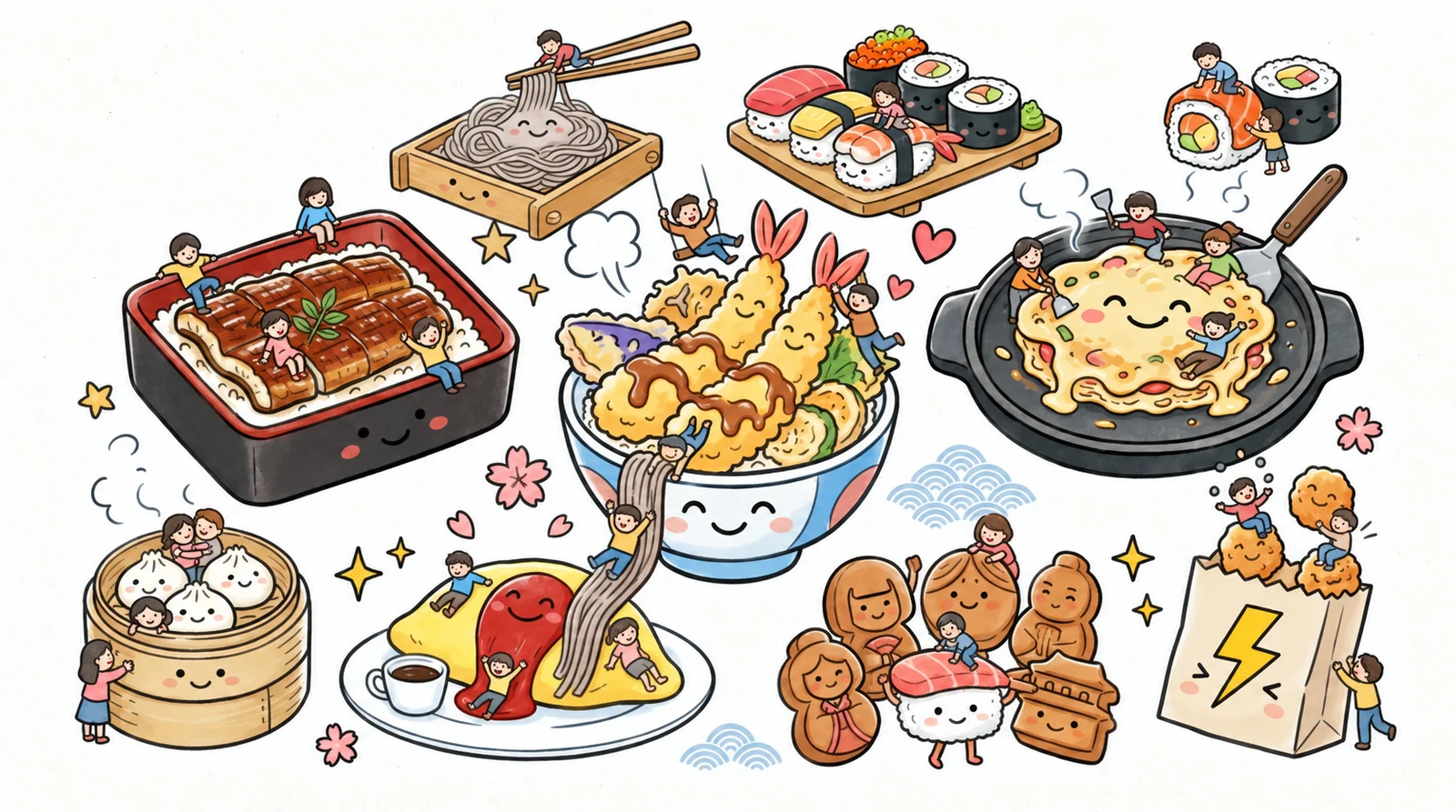 浅草の天丼・そば・寿司・もんじゃ・洋食などを描いたランチのイラスト