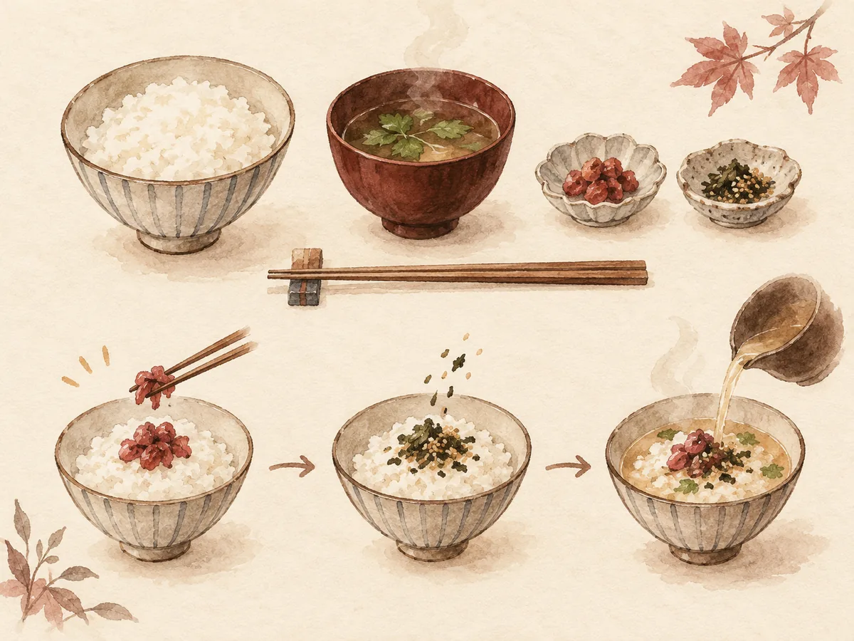 ご飯と薬味、だしの組み合わせを表すイメージイラスト