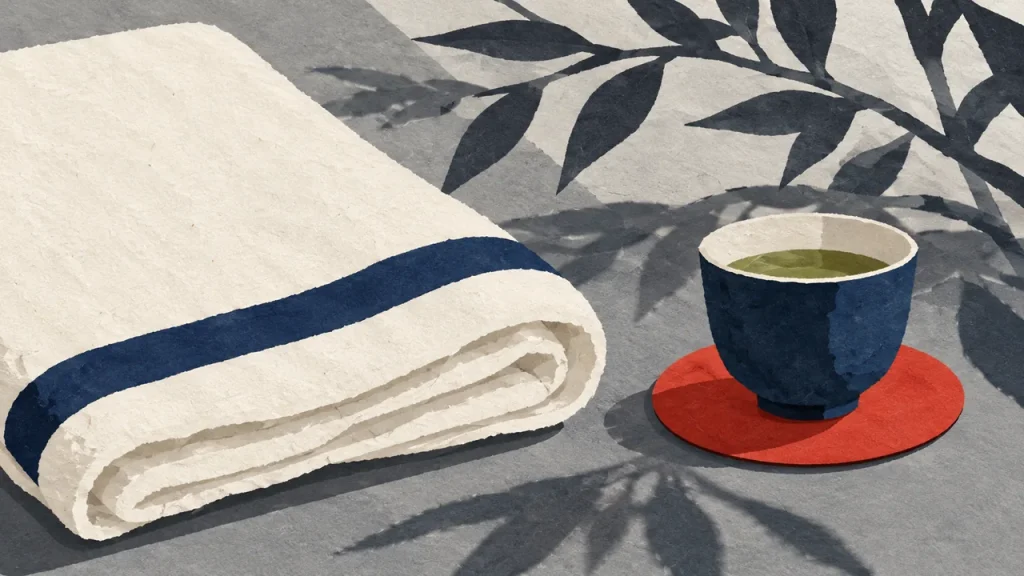 畳んだ白いタオルと赤い茶托に載せた青い湯飲み、木の葉の影を描いた切り絵