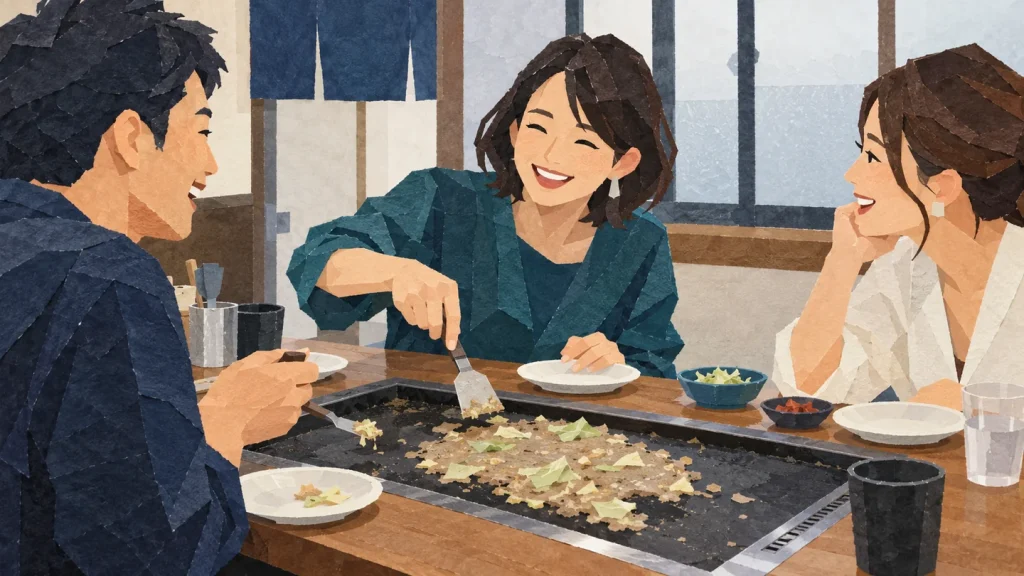 三人でもんじゃの鉄板を囲み、会話を楽しむ様子を描いた切り絵