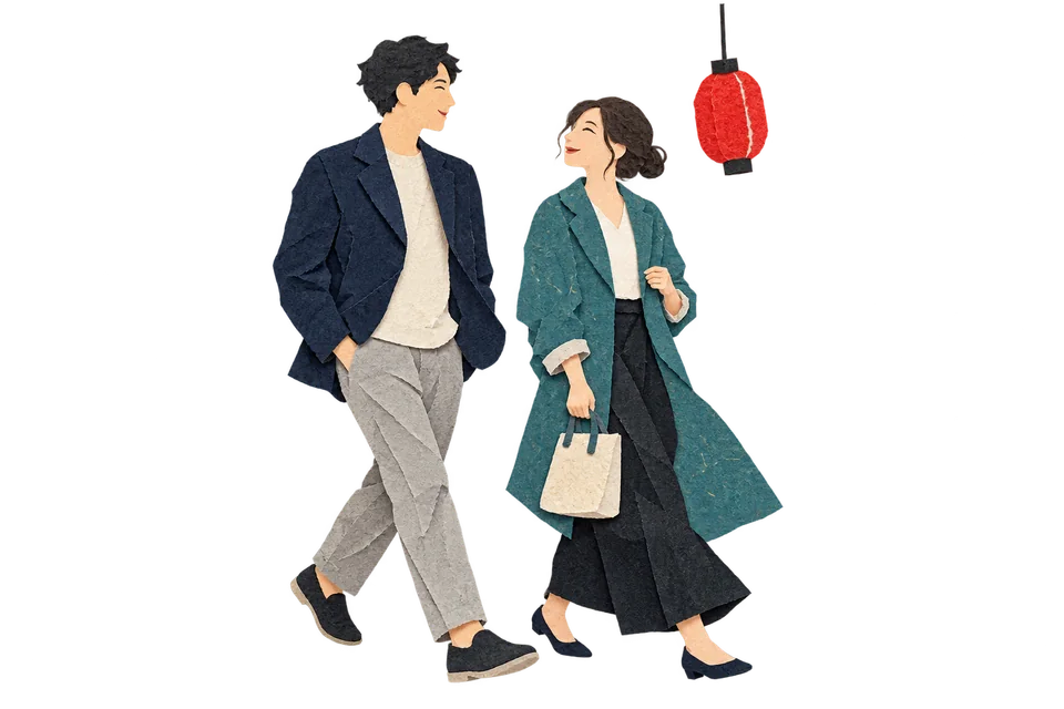 藍色と青緑の服で歩く二人と、赤い提灯を描いた切り絵