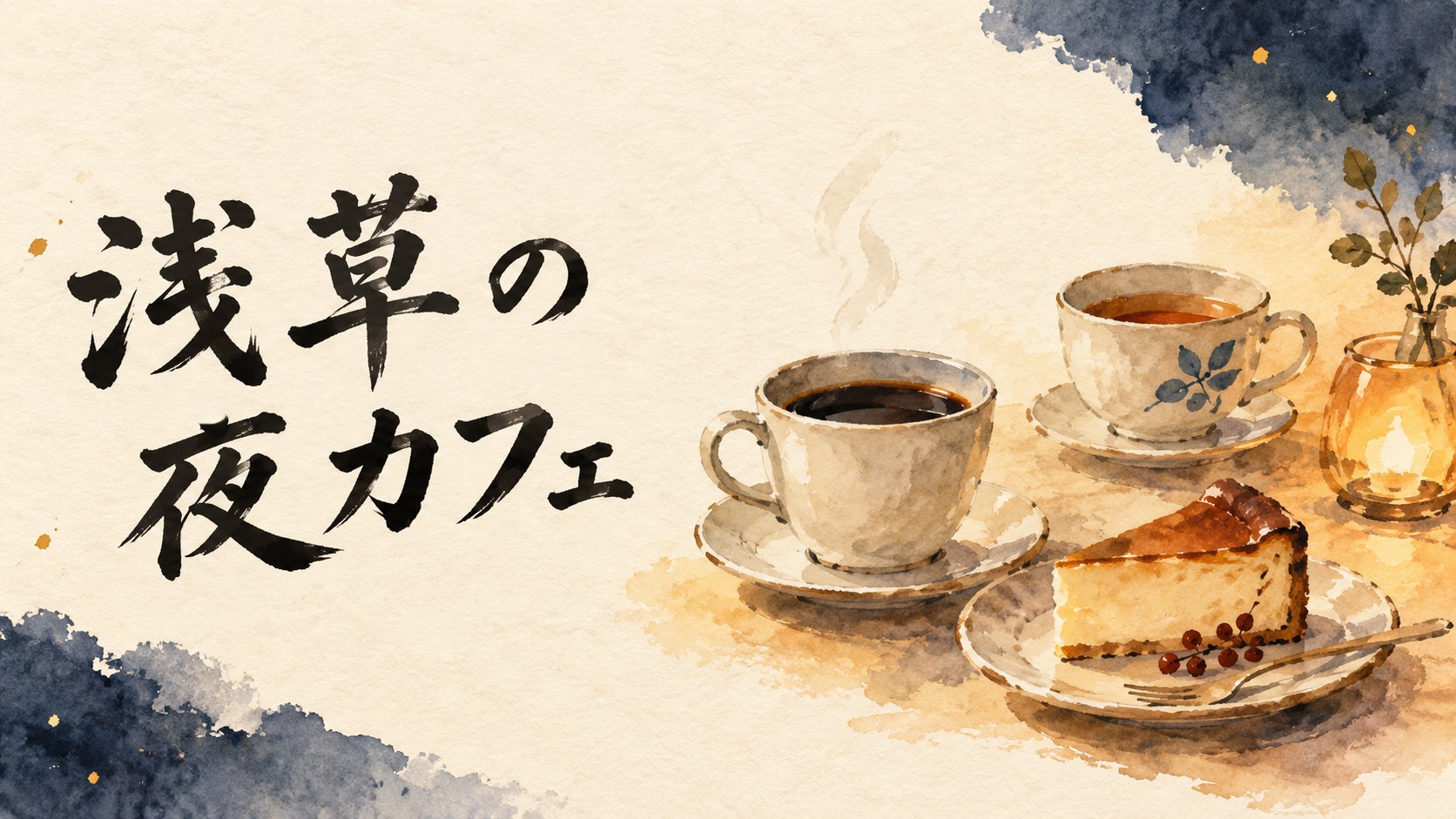 浅草の夜カフェをイメージしたコーヒーと紅茶、ケーキの水彩イラスト