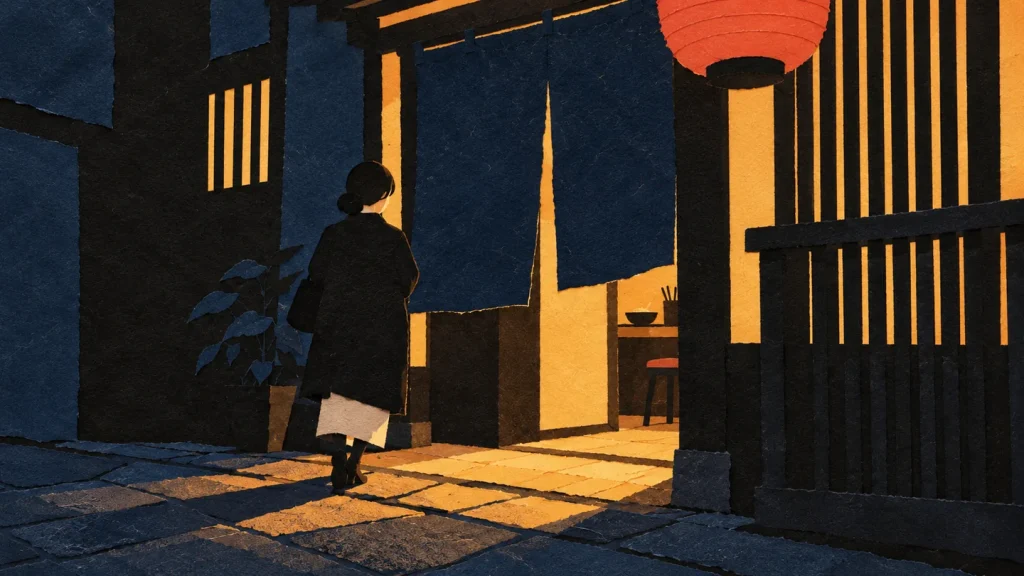 藍色の暖簾と赤い提灯、夜の路地にこぼれる店の灯りを描いた切り絵