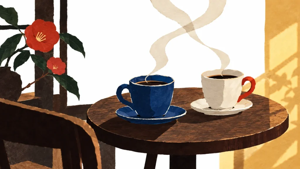 木の丸テーブルに並ぶ青と白のコーヒーカップと、交差する湯気を描いた切り絵