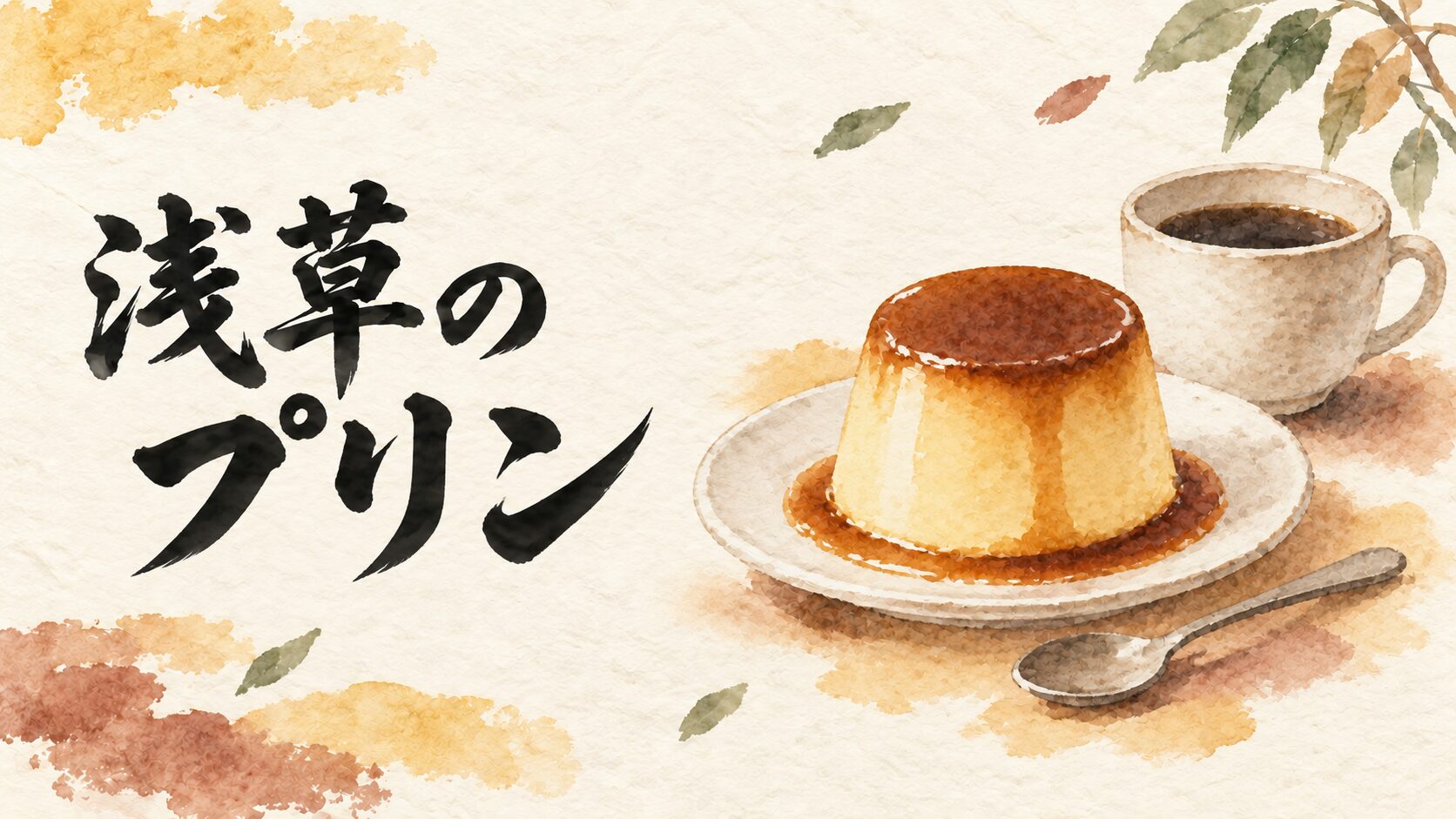 浅草のプリンをテーマにした、プリンとコーヒーの水彩イラスト