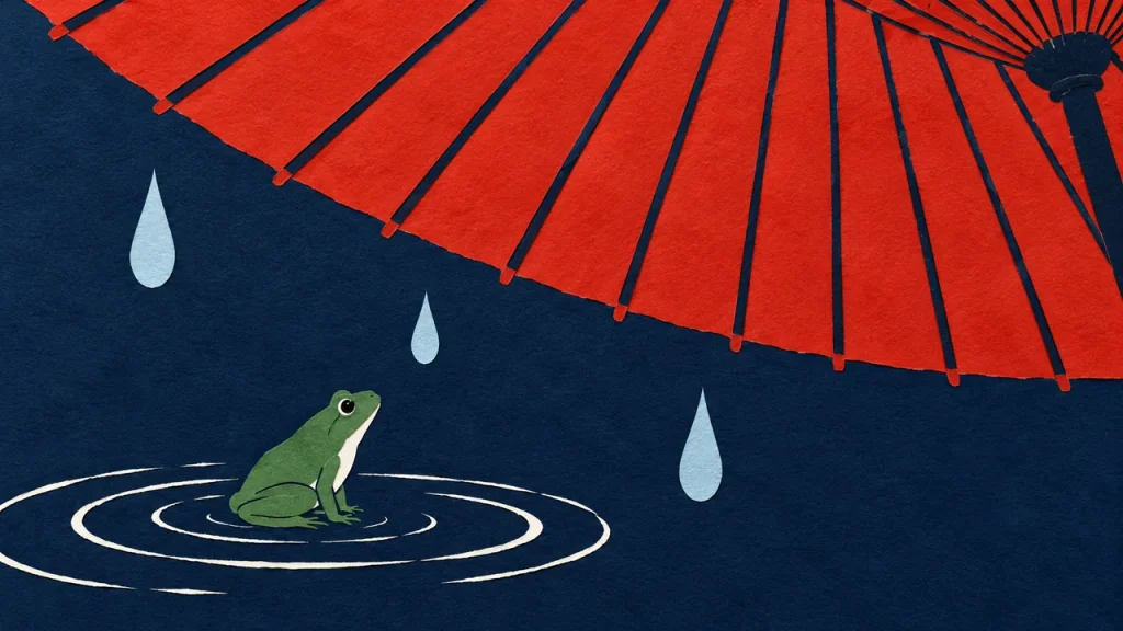 朱色の傘の下で雨粒を見上げる緑のカエルと、水面の波紋を描いた切り絵