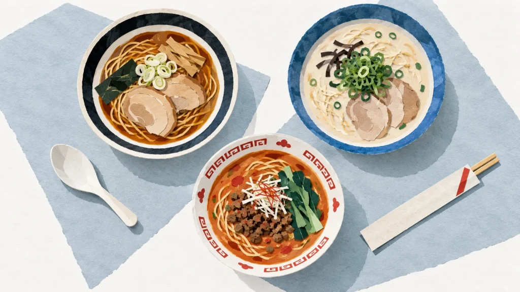 醤油・豚骨・担々麺の三杯を俯瞰で描いた切り絵