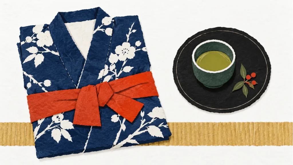 畳を思わせる線と浴衣、茶器を配した和の宿の切り絵