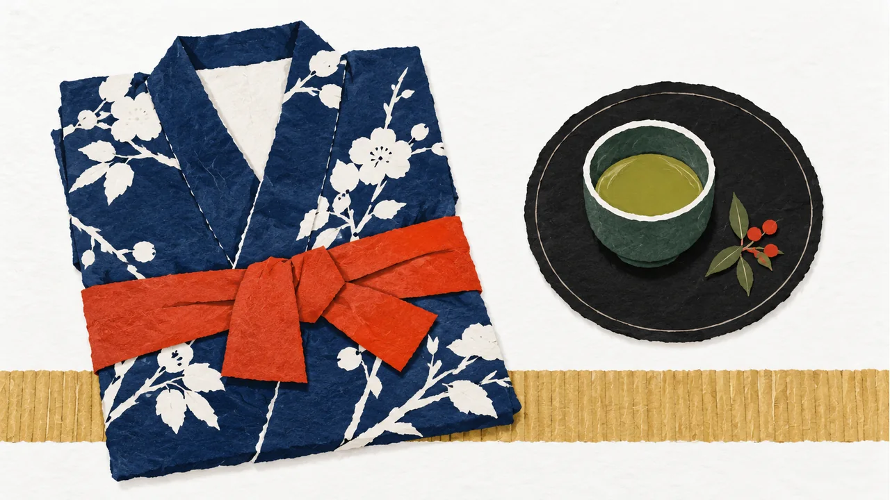 畳を思わせる線と浴衣、茶器を配した和の宿の切り絵