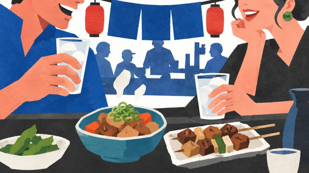 煮込みと焼き鳥を囲んで一杯を楽しむ浅草の酒場を描いた切り絵風イラスト