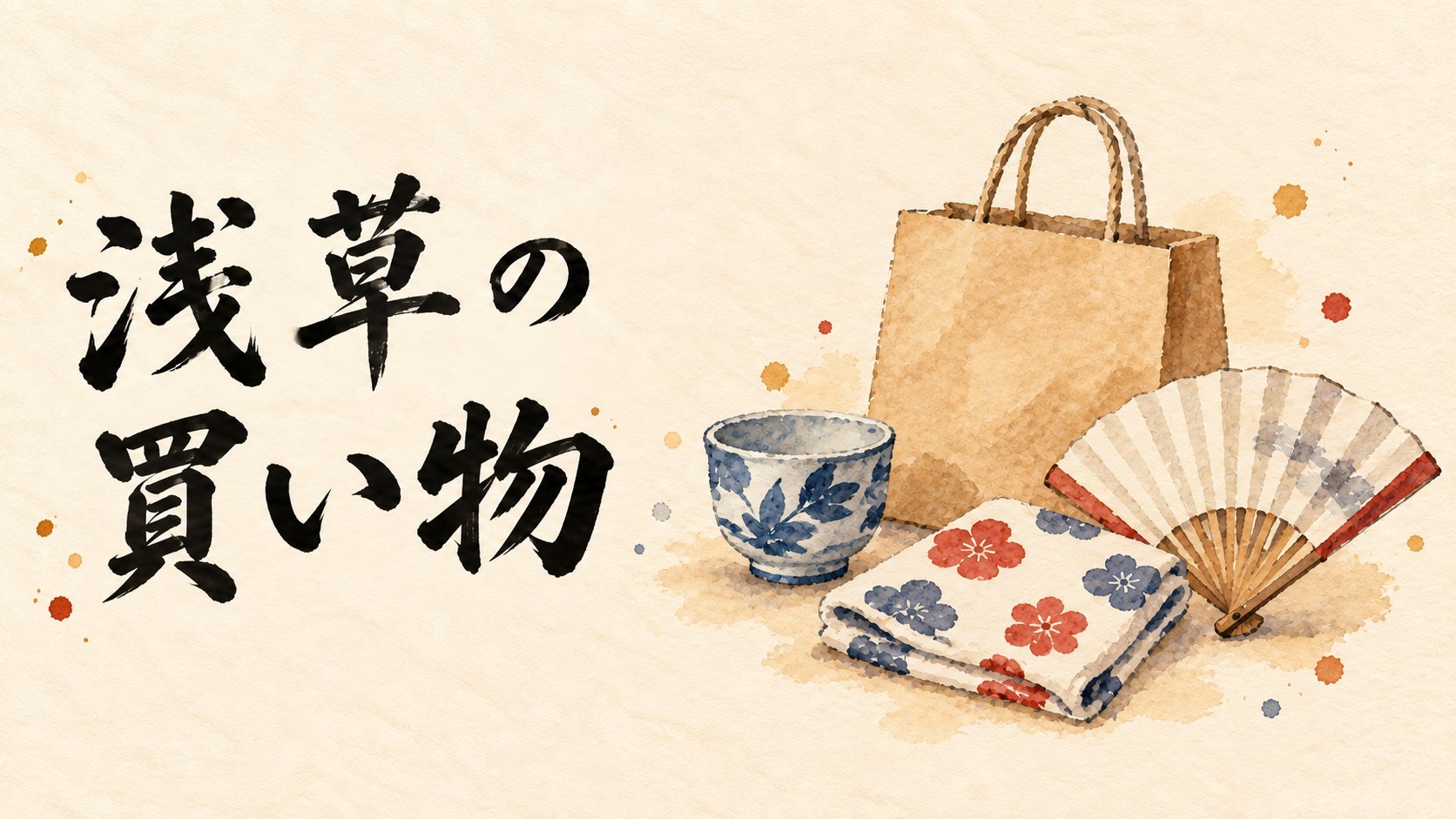 浅草の買い物。紙袋、器、手ぬぐいと扇子の水彩イラスト