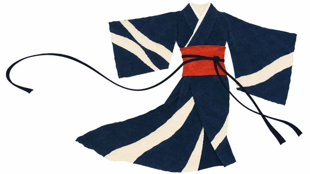 白い縞模様の藍色の着物に朱色の帯を合わせた切り絵