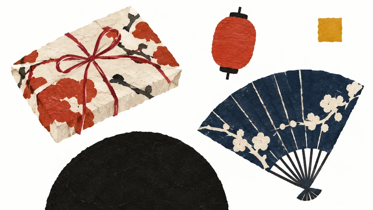花柄の包み、藍色の扇子、朱色の提灯を白地に配した浅草土産の切り絵