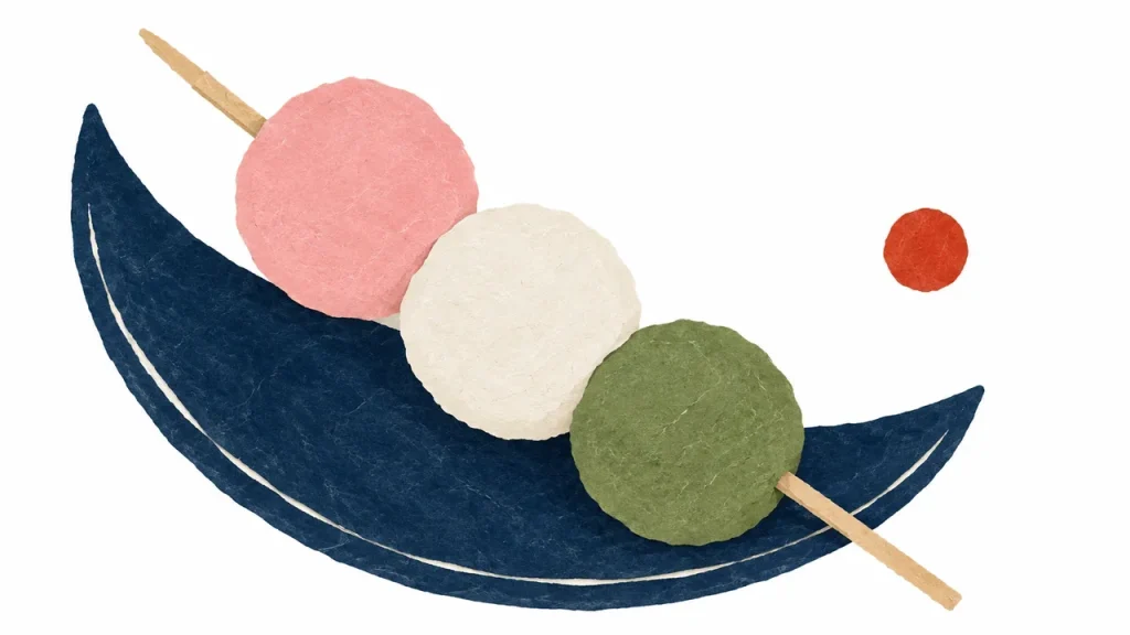 桃色・白・緑の三色団子と藍色の器を配した和菓子の切り絵