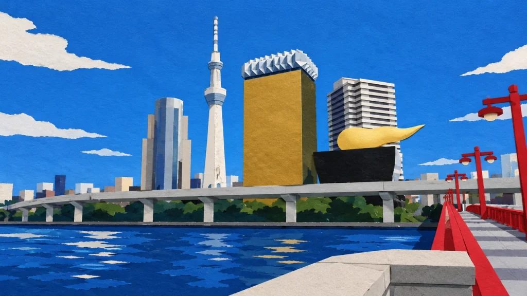 吾妻橋の浅草側から、隅田川と対岸の街並み、その奥の東京スカイツリーを描いた切り絵