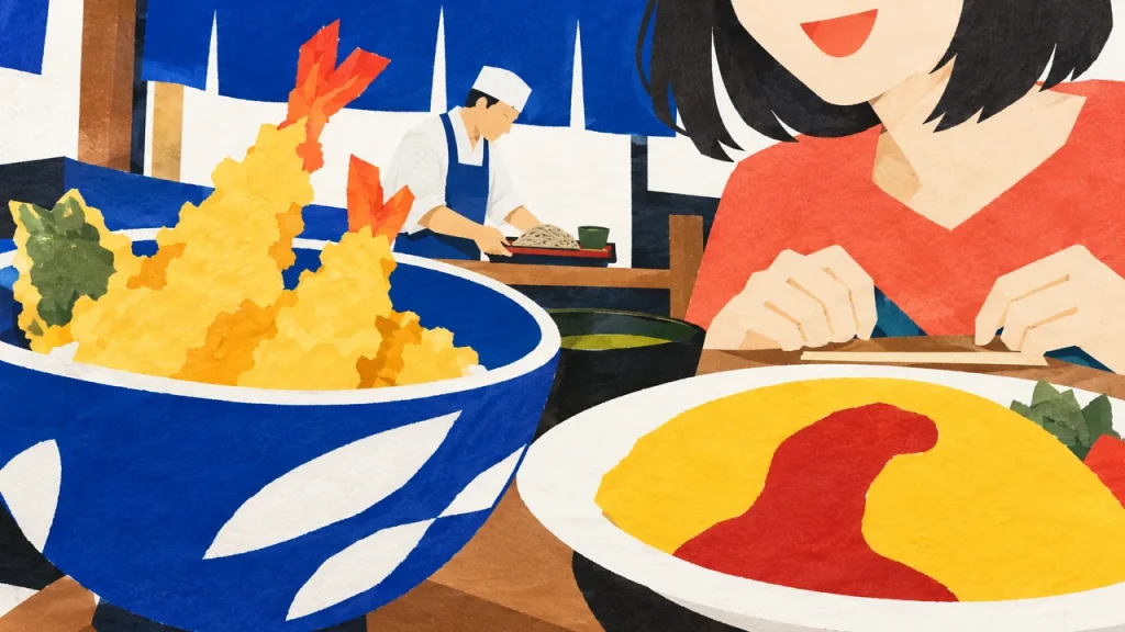 天丼とオムライスを前にランチを楽しむ人を描いた切り絵風イラスト