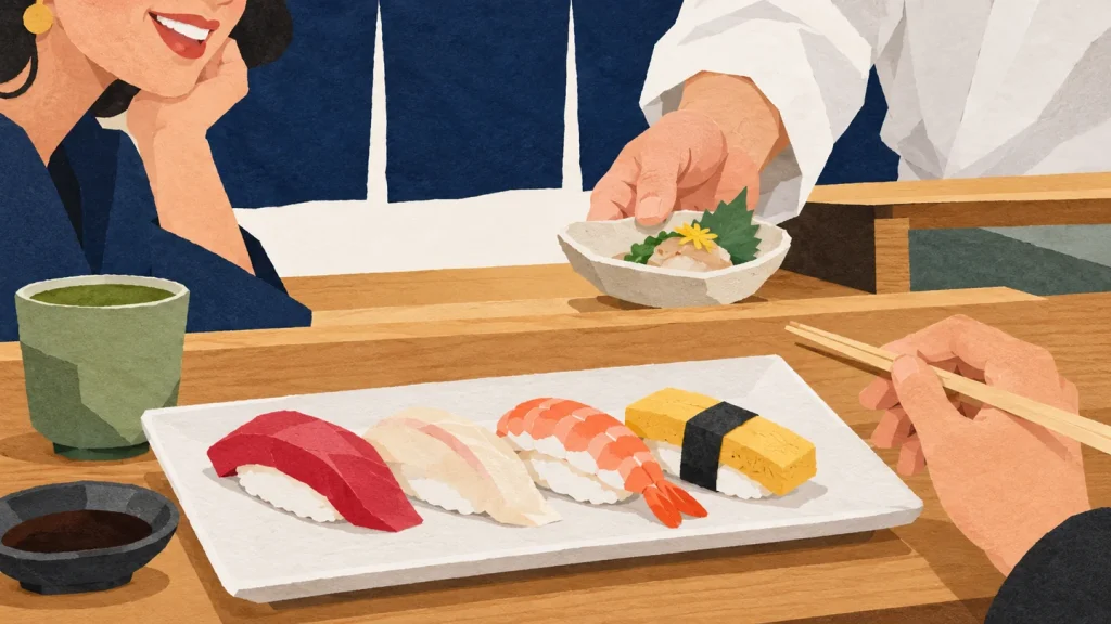 寿司の皿を前に、カウンターで食事を楽しむ客と職人の手元を描いた切り絵