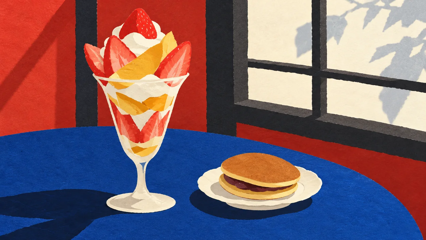 青いテーブルにフルーツパフェとどら焼きを配した喫茶の窓辺の切り絵