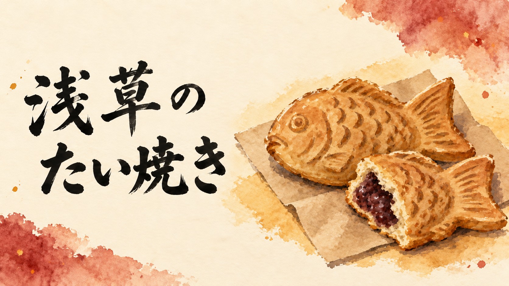 浅草のたい焼きガイド。たい焼きを描いた水彩イラスト
