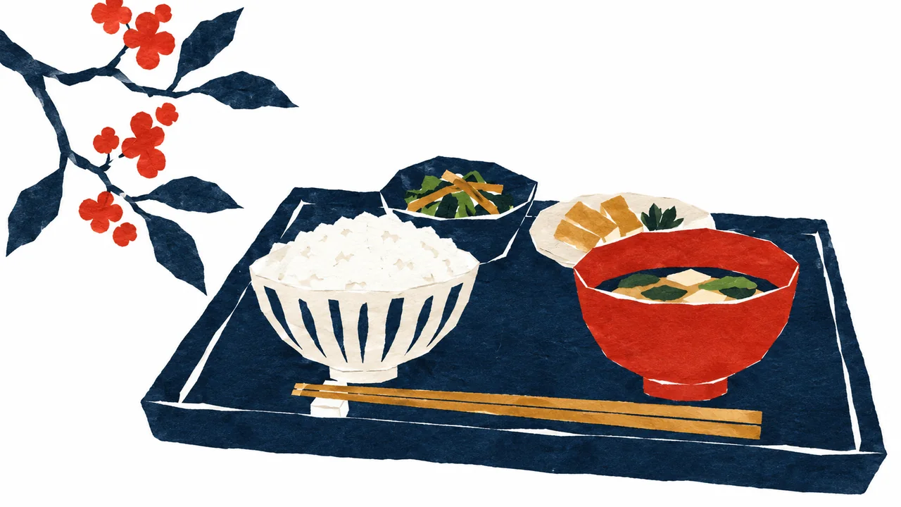 藍色の定食盆、白い茶碗と朱色の汁椀を描いた切り絵イラスト