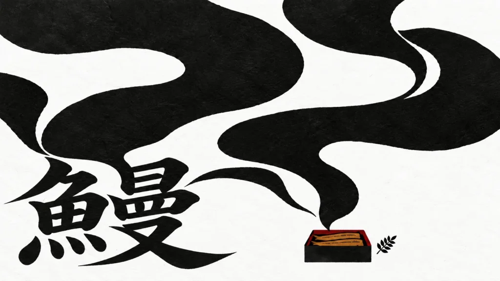 鰻の一文字が黒い香りの曲線につながり、小さな鰻重を添えた切り絵