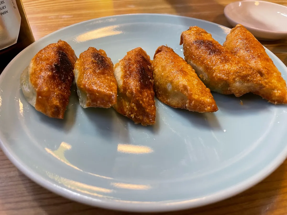 餃子の王さまの水色の皿に六つ並んだ、こんがりした焼き目の餃子